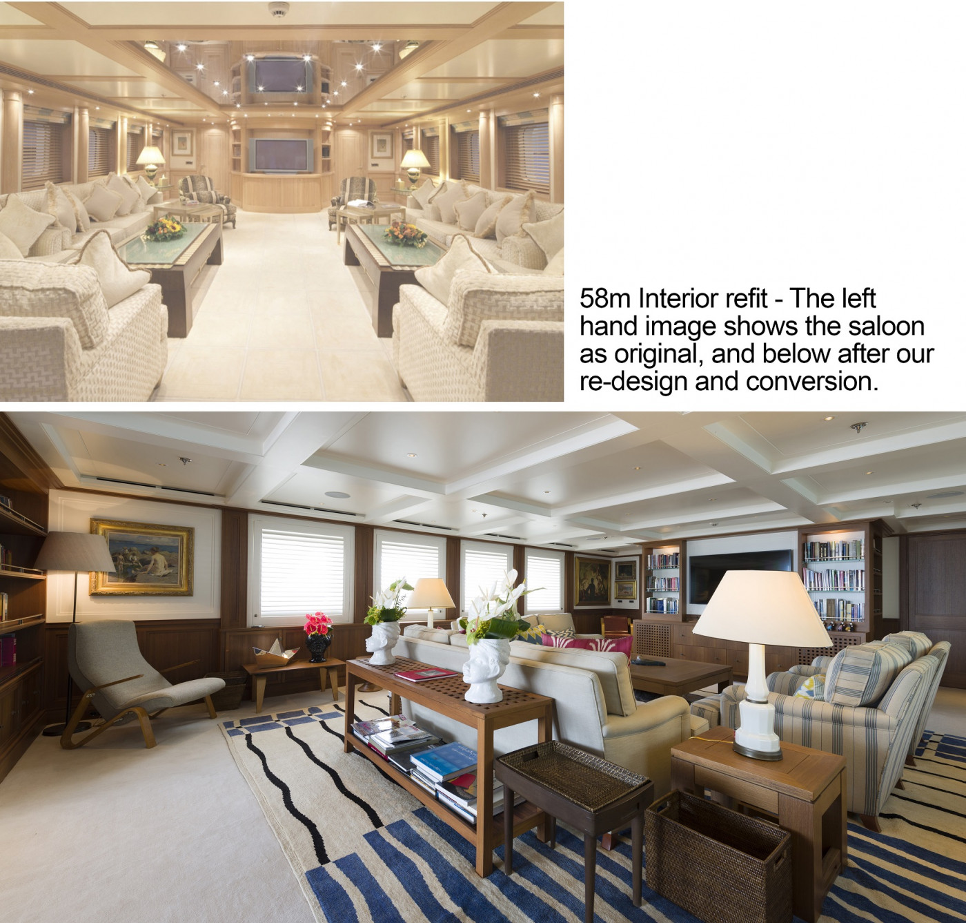 58m Motor Yacht Saloon before and after